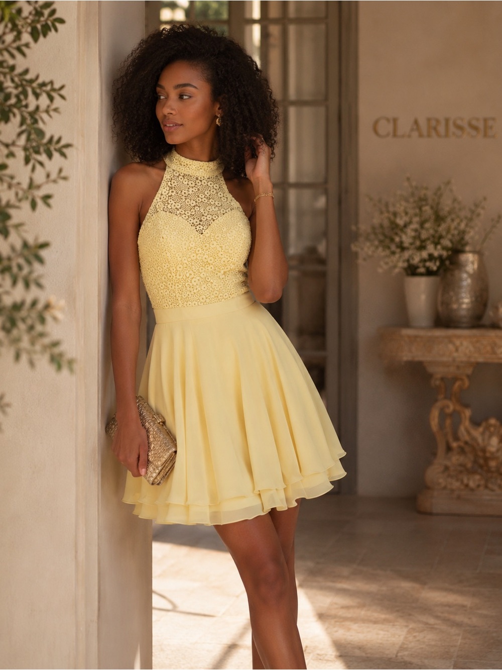 CLARISSE New Dress 8 Fit Flare Lemon Sleeveless Lace Chiffon High Neck EQ2387